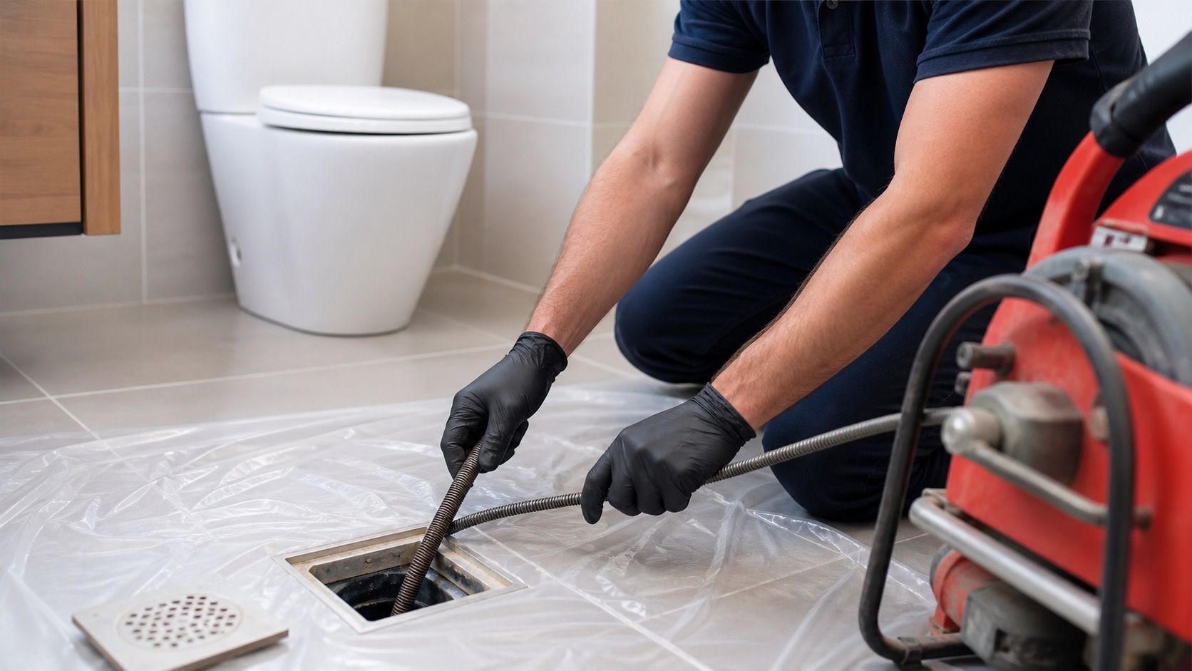 Débouchage d'une canalisation au furet électrique dans une salle de bain